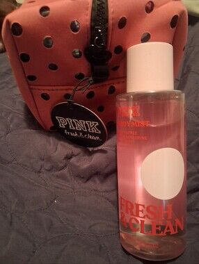 PINK Victoria's Secret Coral Pink Polka Dot Cosmetic Bag And Body Mist Set